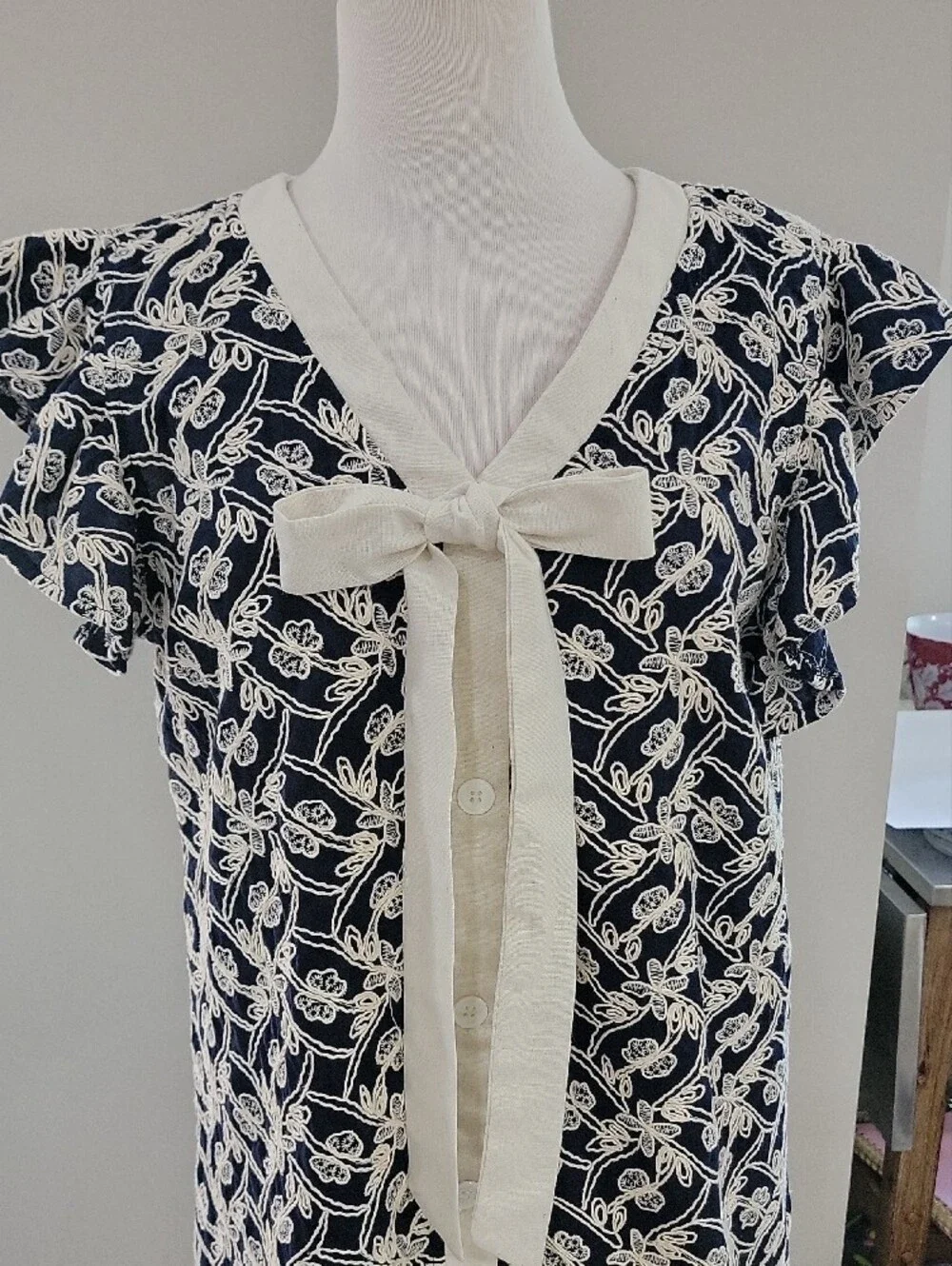 Voy Navy & Cream Tie-Neck Mini Dress